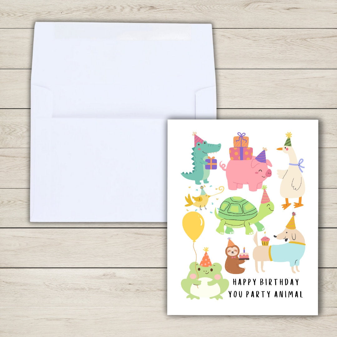 Happy Birthday Party Animal Birthday Card | Son Daughter Husband Wife Girlfriend Boyfriend Birthday Card | Funny Cute Animal Card For Cat