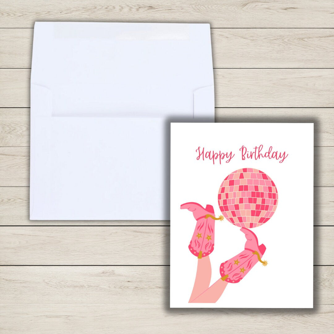 Happy Birthday Pink Disco Birthday Card Cowboy Western Cowgirl Boots Card Birthday Card Daughter Wife Girlfriend Birthday Card Rootin Tootin