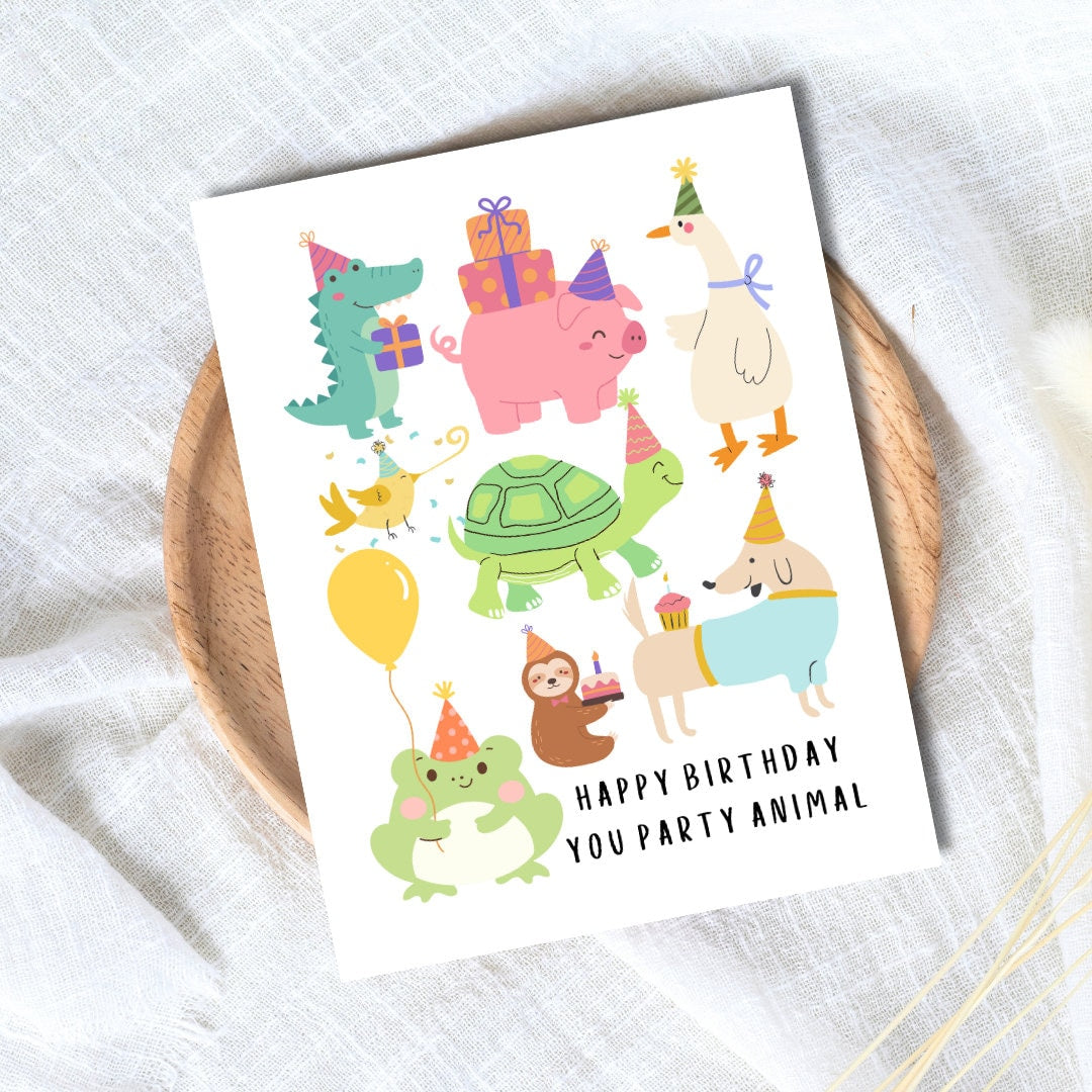 Happy Birthday Party Animal Birthday Card | Son Daughter Husband Wife Girlfriend Boyfriend Birthday Card | Funny Cute Animal Card For Cat