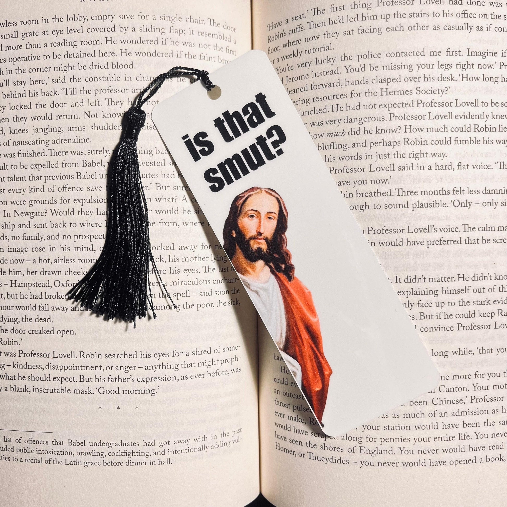 Funny Jesus "is that smut" Bookmark: Sarcastic Religious Humor for Readers bookmark by Magic & Meaning