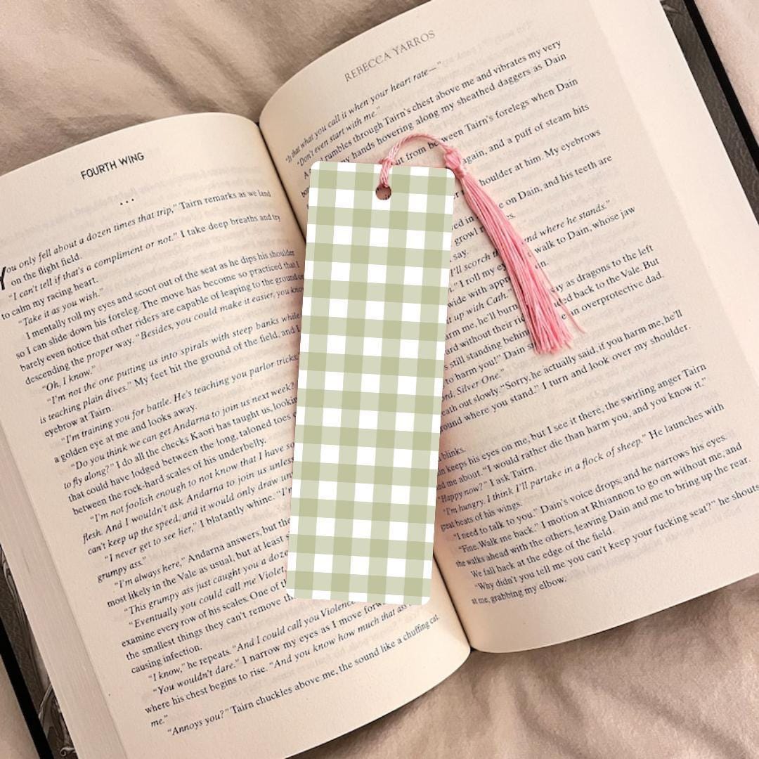Book Lover Gift Bookmark, Green Gingham Pattern (Handmade, Laminated) bookmark by Magic & Meaning