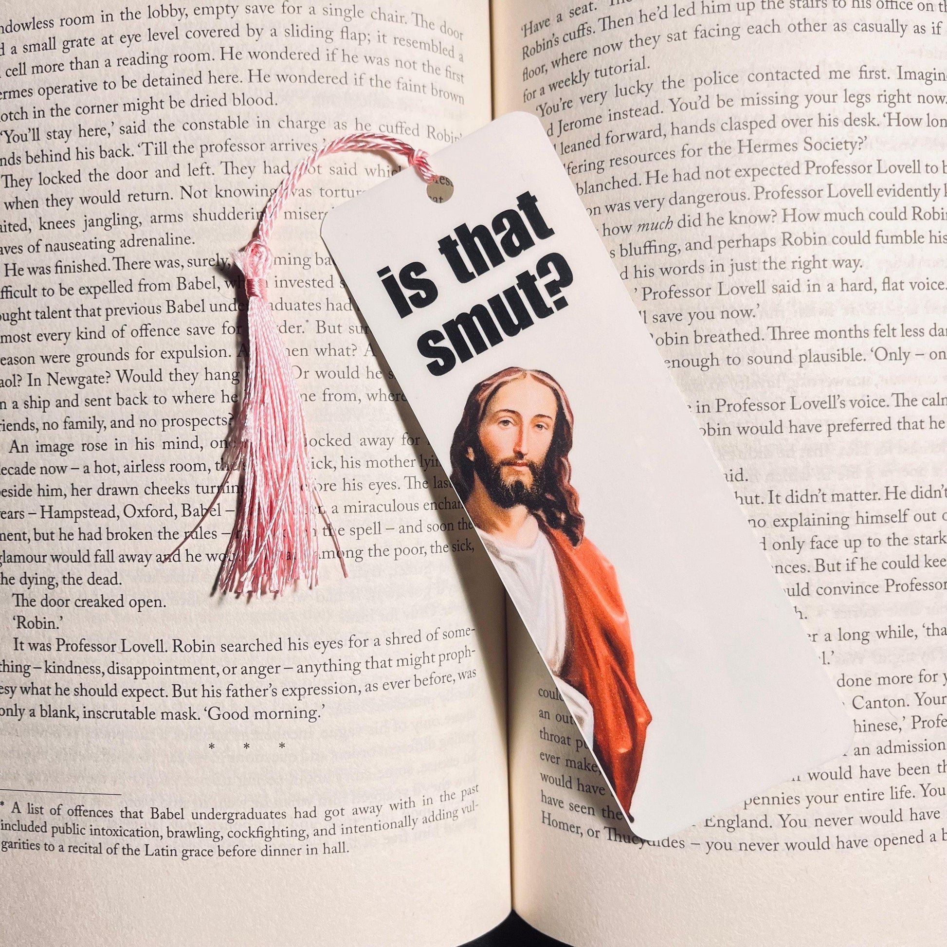 Funny Jesus "is that smut" Bookmark: Sarcastic Religious Humor for Readers bookmark by Magic & Meaning