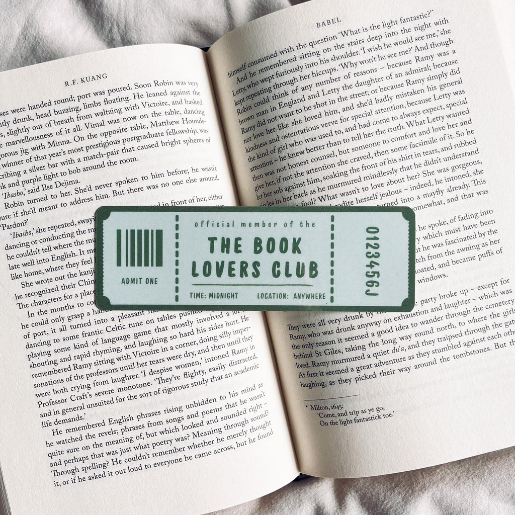 Ticket Bookmark: Book Lovers Club Design, Laminated with Tassel bookmark by Magic & Meaning