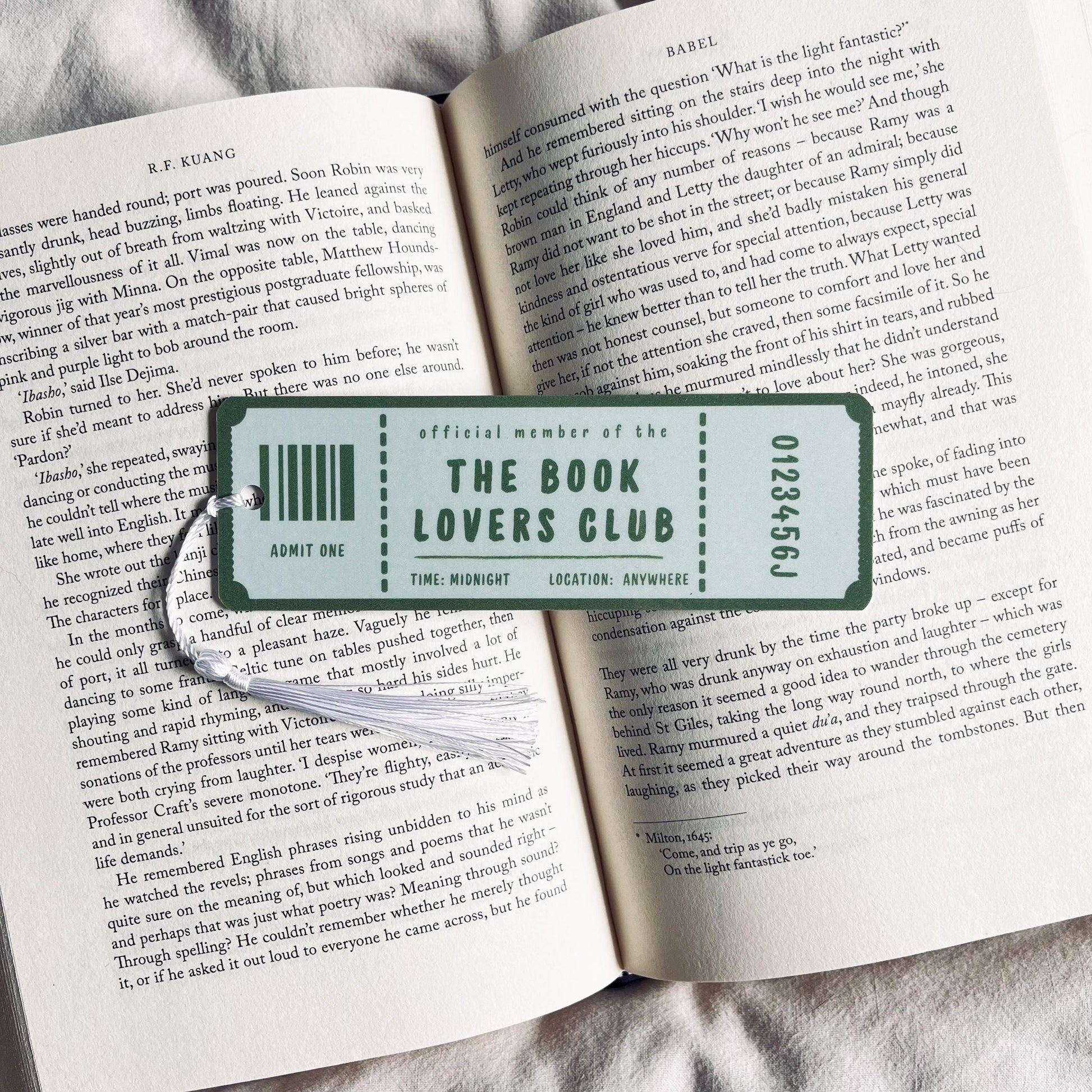 Ticket Bookmark: Book Lovers Club Design, Laminated with Tassel bookmark by Magic & Meaning