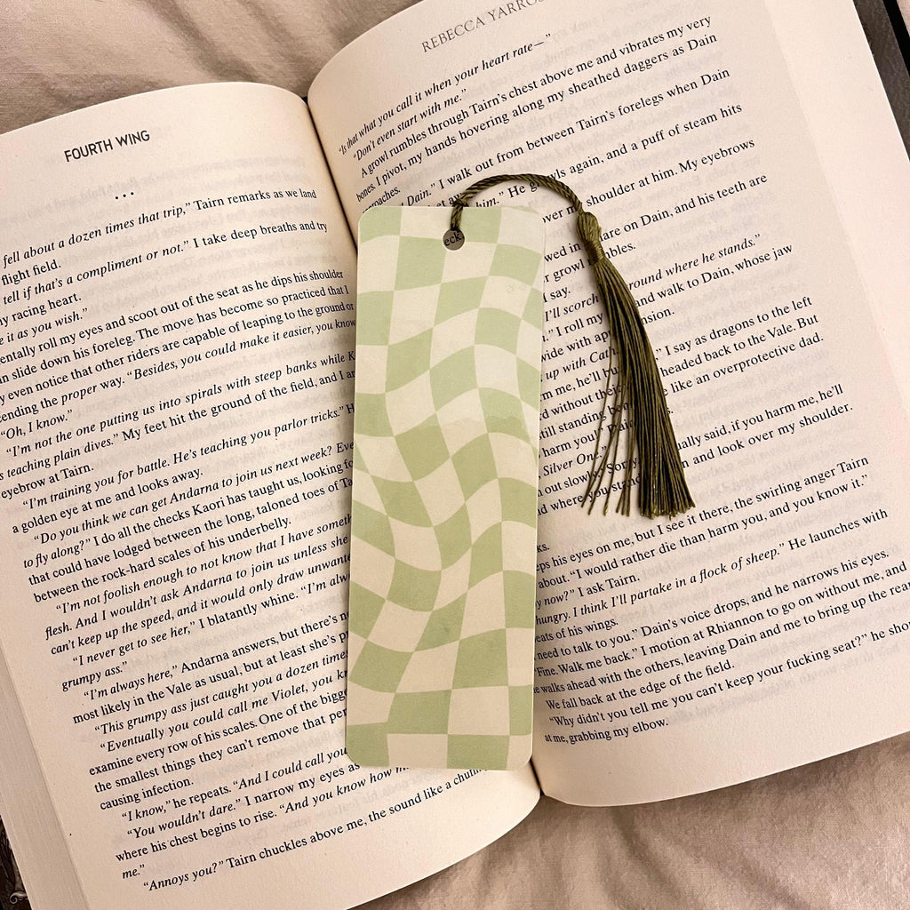 Book Lover Gift Bookmark, Green Wavy Checkered (Laminated, Durable) bookmark by Magic & Meaning