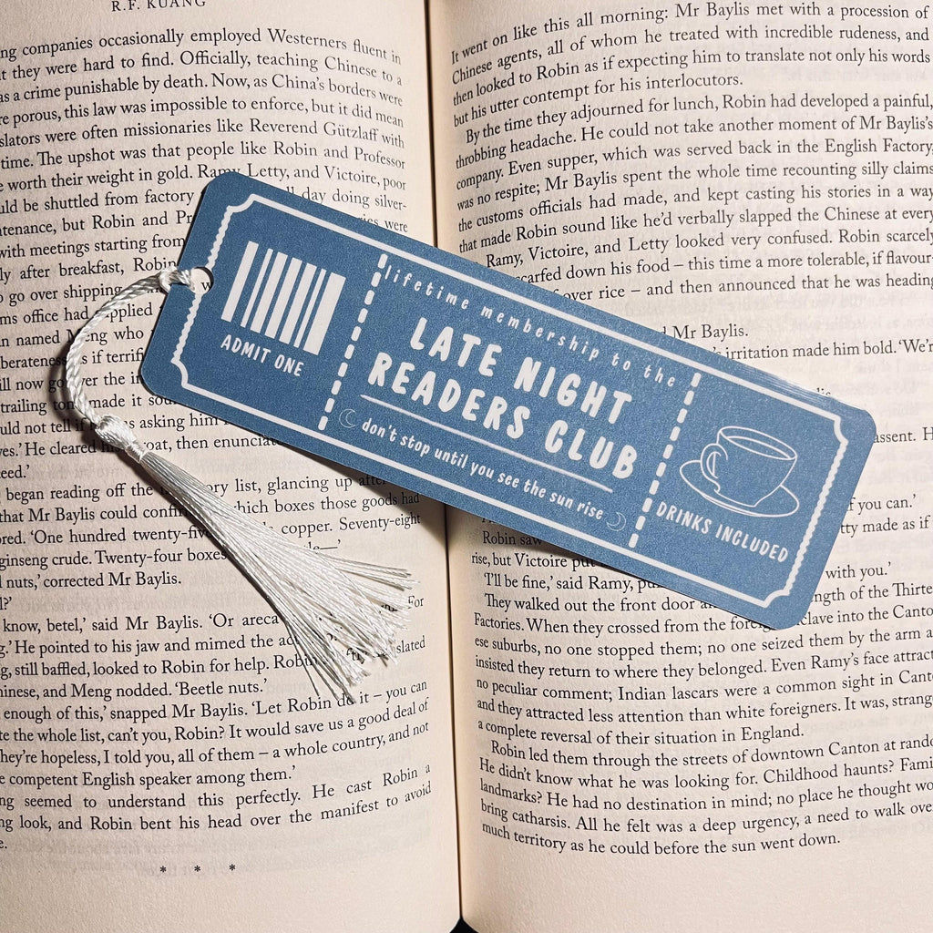 Late Night Readers Club Bookmark: Ticket Style for Book Lovers (Tassel Included) bookmark by Magic & Meaning