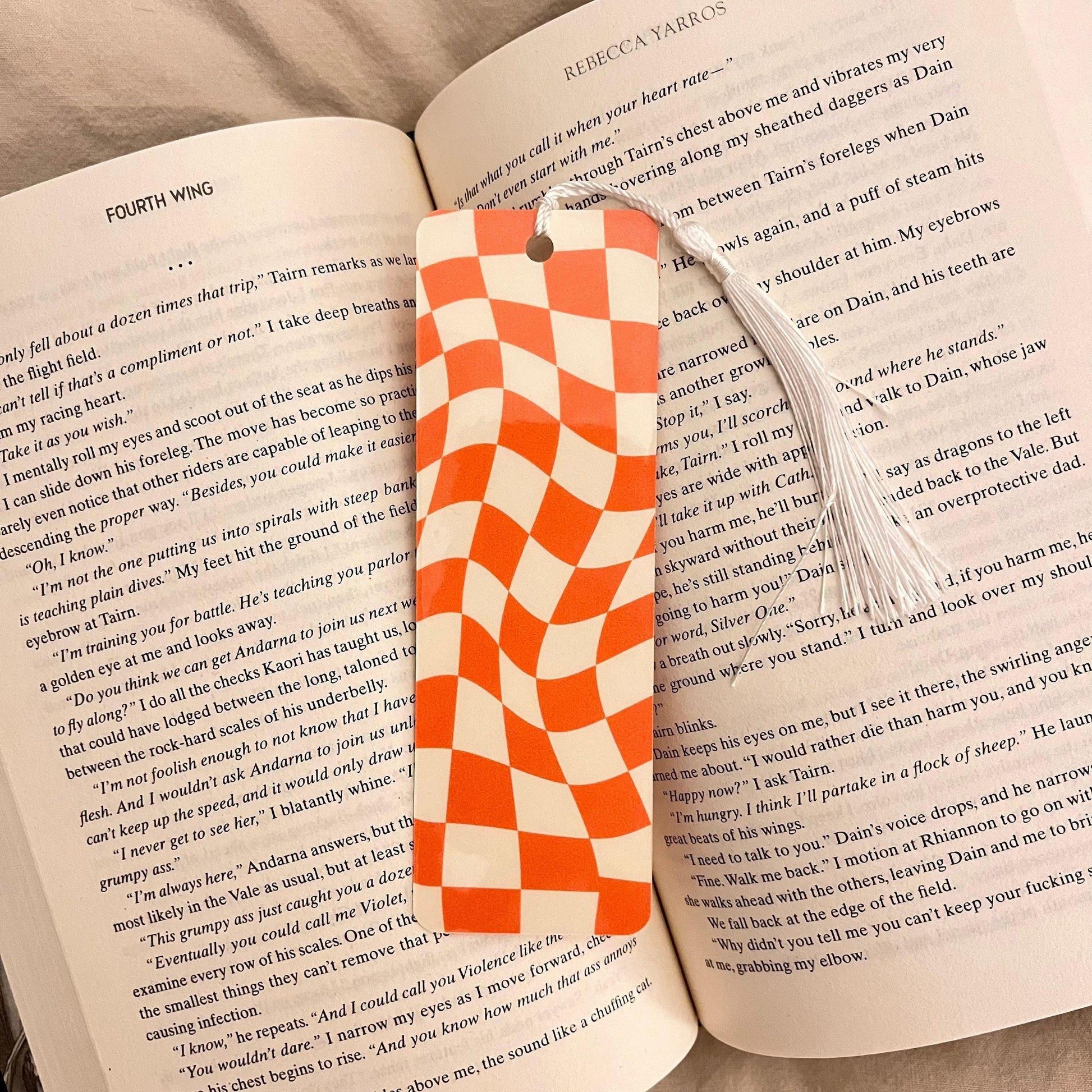Orange Checkered Bookmark: Wavy Design for Book Lovers (With Tassel) bookmark by Magic & Meaning