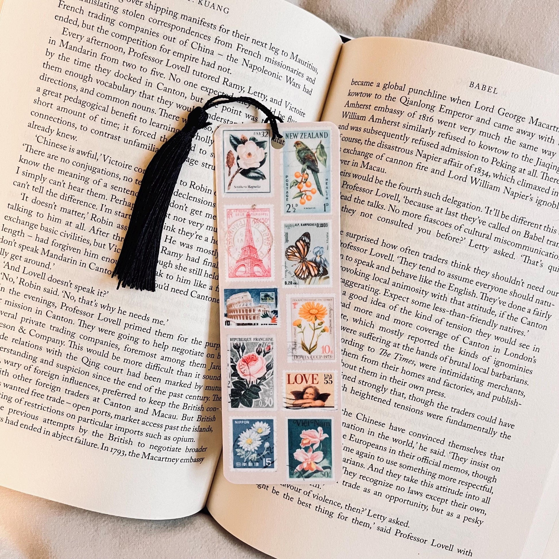 Travel Postage Stamp Bookmark: Laminated Cardstock, Custom Tassel Colors bookmark by Magic & Meaning