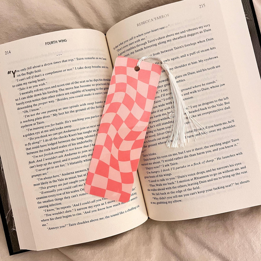 Pink Checkered Bookmark - Wavy Shape, Sturdy Cardstock bookmark by Magic & Meaning