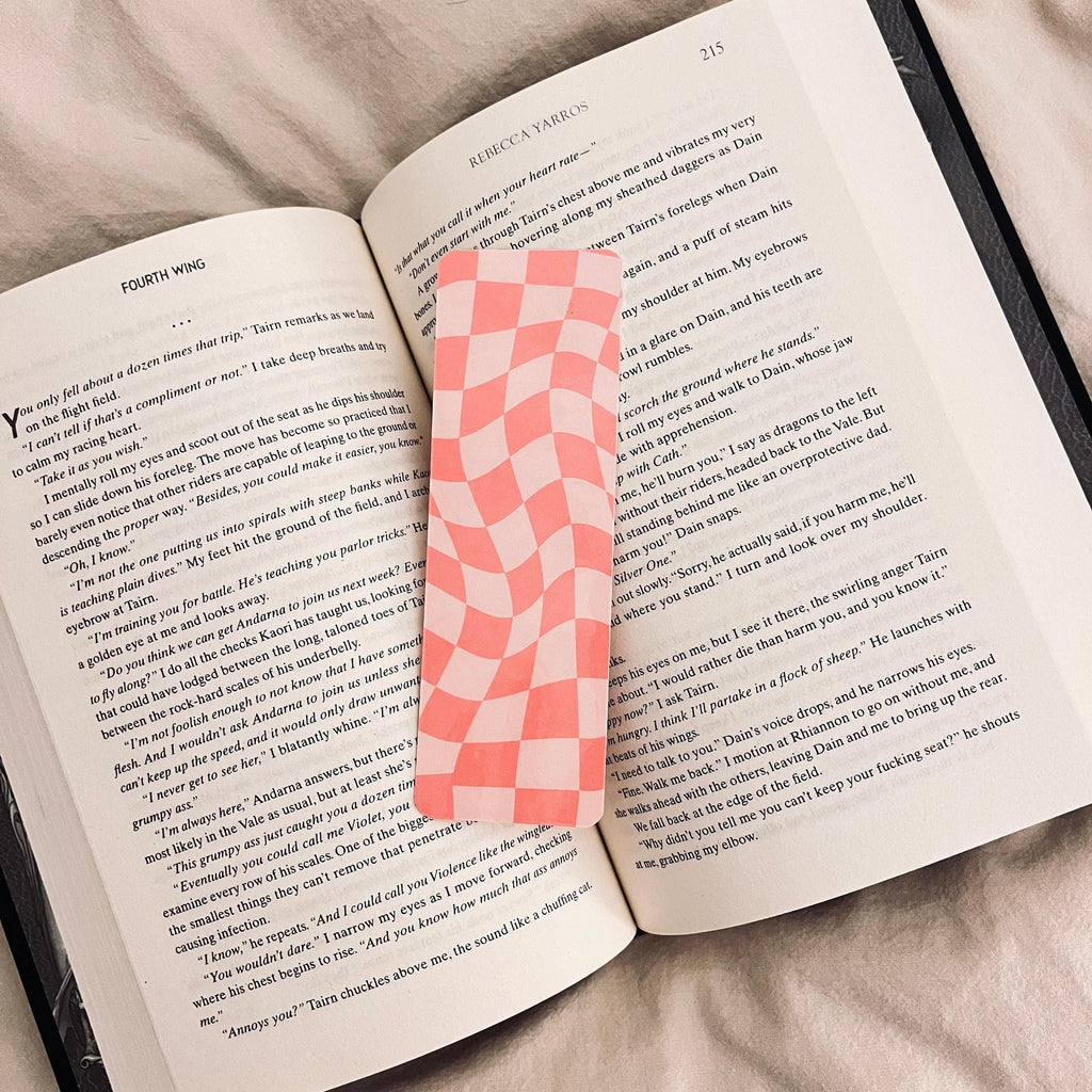 Pink Checkered Bookmark - Wavy Shape, Sturdy Cardstock bookmark by Magic & Meaning