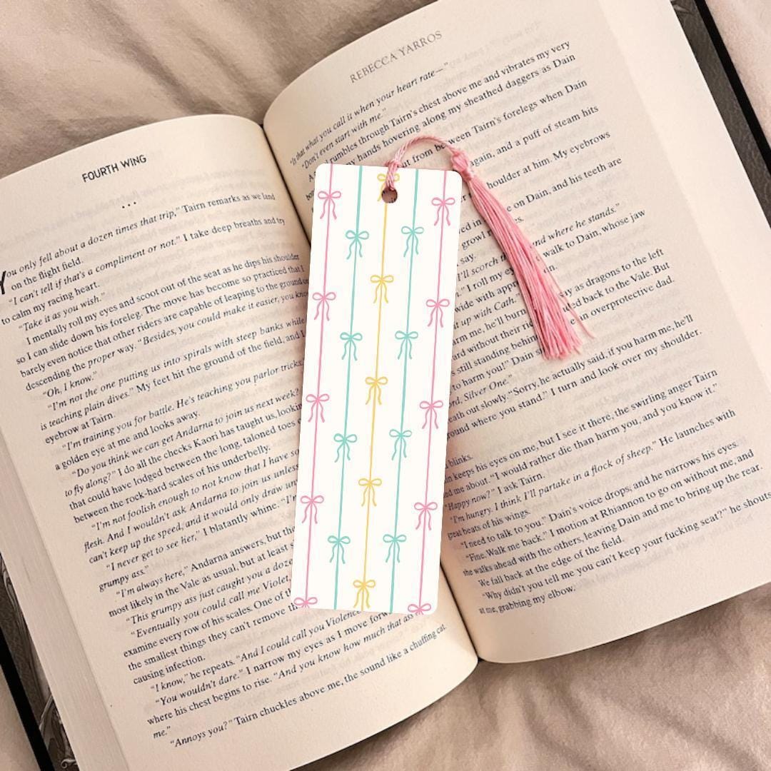 Girly Ribbon Bookmark: Cute Bow Accent (Laminated, Personalized Tassel) bookmark by Magic & Meaning