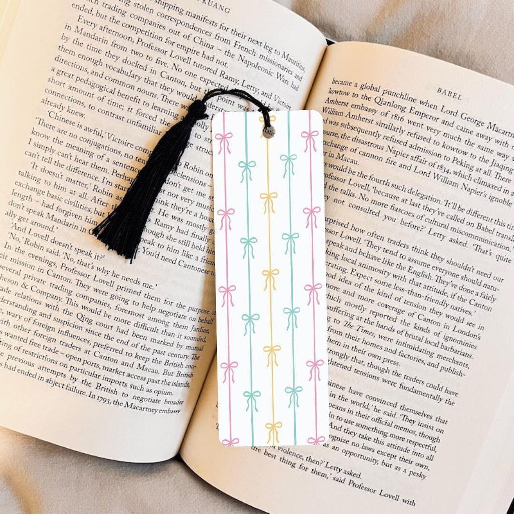 Girly Ribbon Bookmark: Cute Bow Accent (Laminated, Personalized Tassel) bookmark by Magic & Meaning