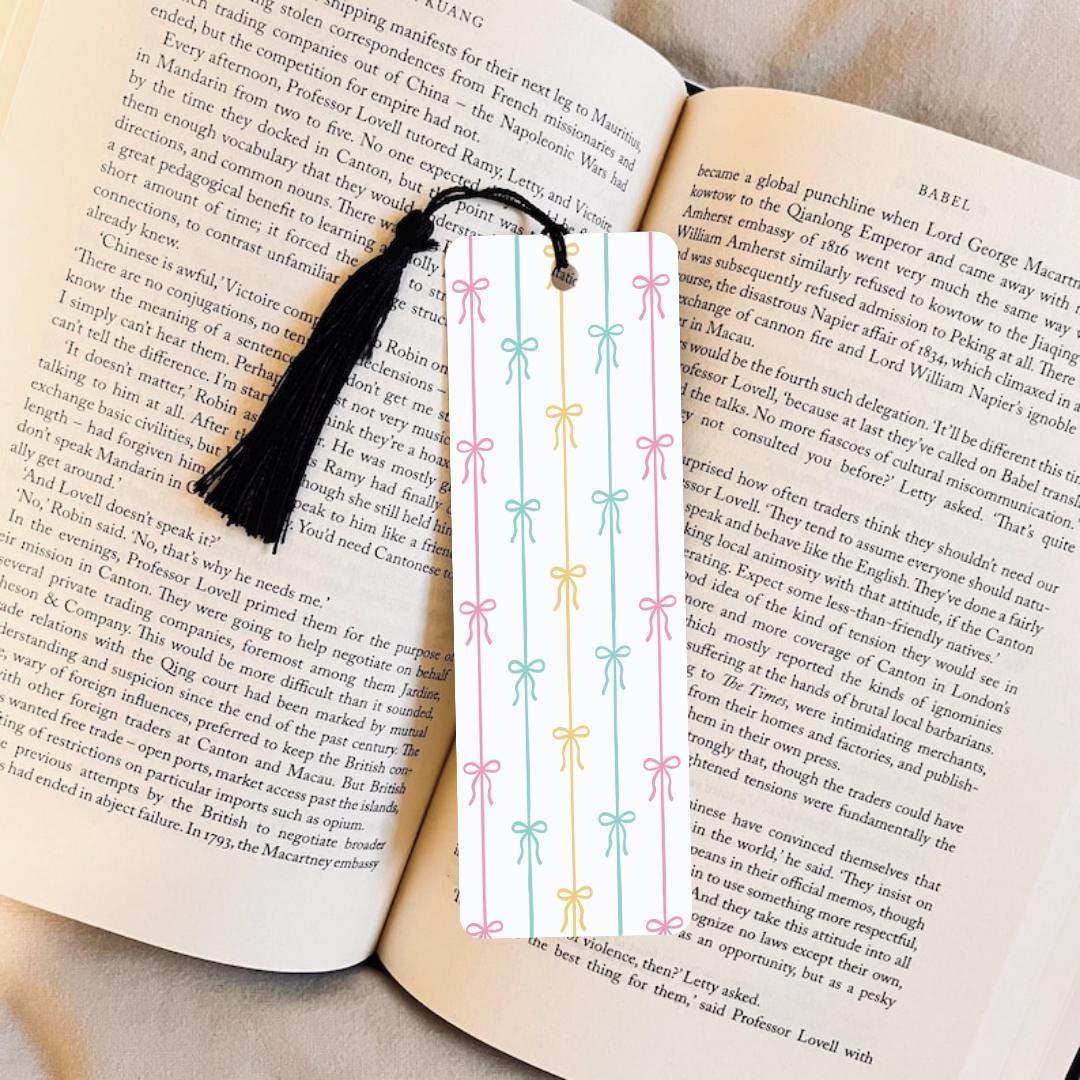 Girly Ribbon Bookmark: Cute Bow Accent (Laminated, Personalized Tassel) bookmark by Magic & Meaning