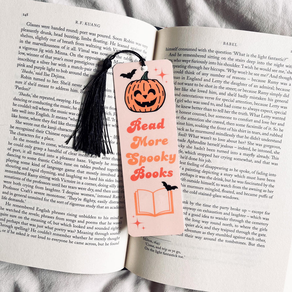 Halloween Bookmark Pumpkin Ghost Bats (Laminated, Durable Cardstock) bookmark by Magic & Meaning