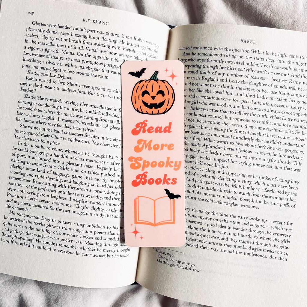 Halloween Bookmark Pumpkin Ghost Bats (Laminated, Durable Cardstock) bookmark by Magic & Meaning