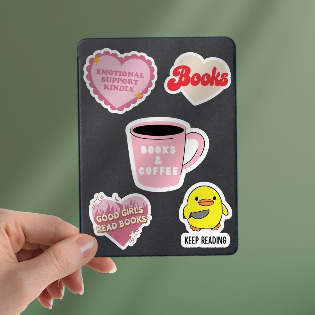Reading Cat Kindle Sticker: Books & Coffee Vinyl Decal sticker by Magic & Meaning