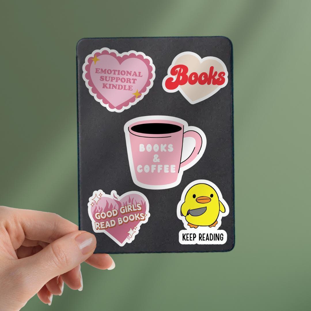 Reading Cat Kindle Sticker: Books & Coffee Vinyl Decal sticker by Magic & Meaning