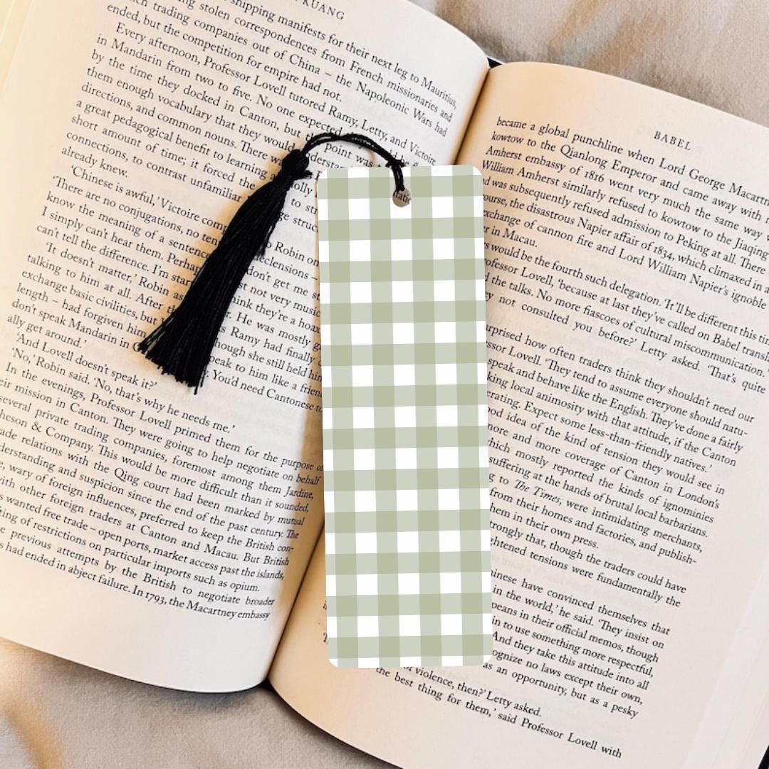 Book Lover Gift Bookmark, Green Gingham Pattern (Handmade, Laminated) bookmark by Magic & Meaning