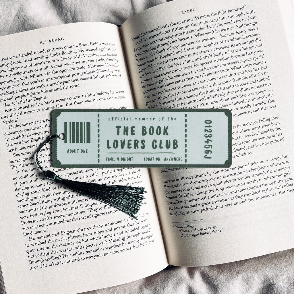 Ticket Bookmark: Book Lovers Club Design, Laminated with Tassel bookmark by Magic & Meaning