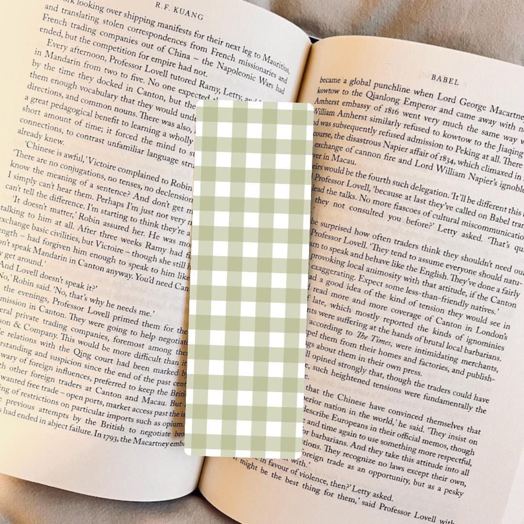 Book Lover Gift Bookmark, Green Gingham Pattern (Handmade, Laminated) bookmark by Magic & Meaning