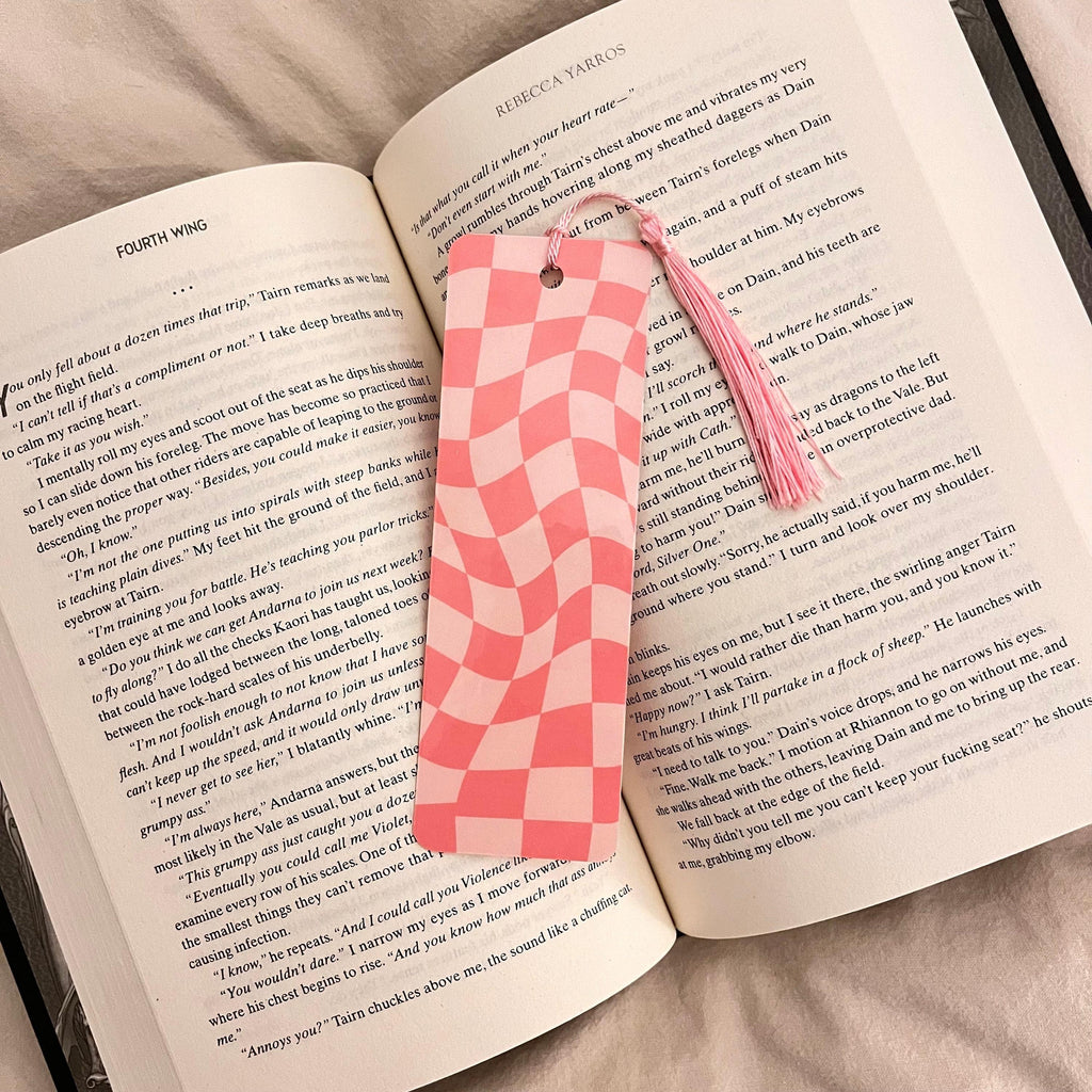 Pink Checkered Bookmark - Wavy Shape, Sturdy Cardstock bookmark by Magic & Meaning
