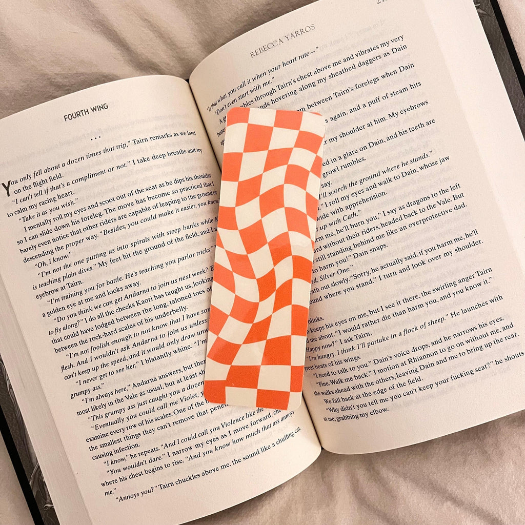 Orange Checkered Bookmark: Wavy Design for Book Lovers (With Tassel) bookmark by Magic & Meaning