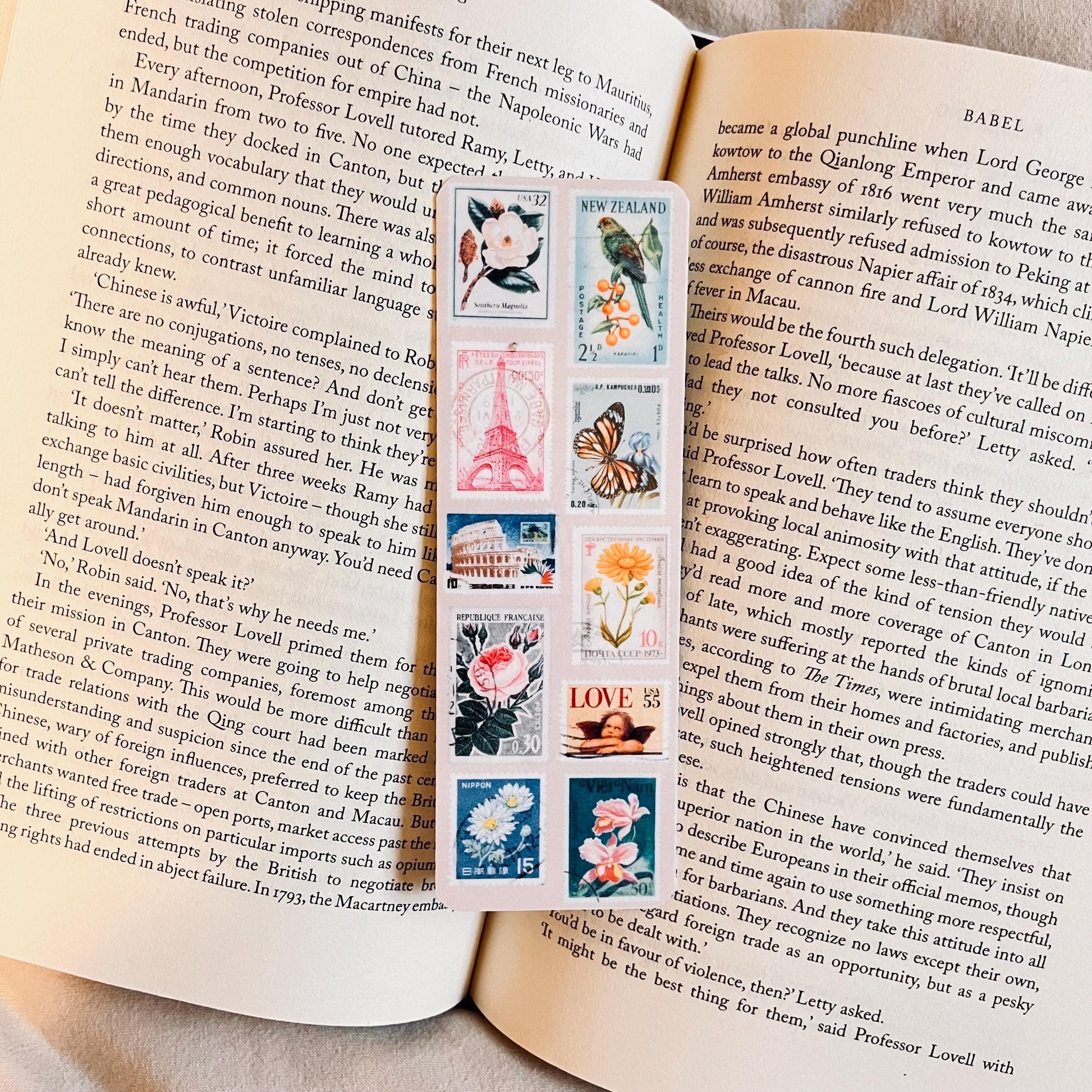 Travel Postage Stamp Bookmark: Laminated Cardstock, Custom Tassel Colors bookmark by Magic & Meaning