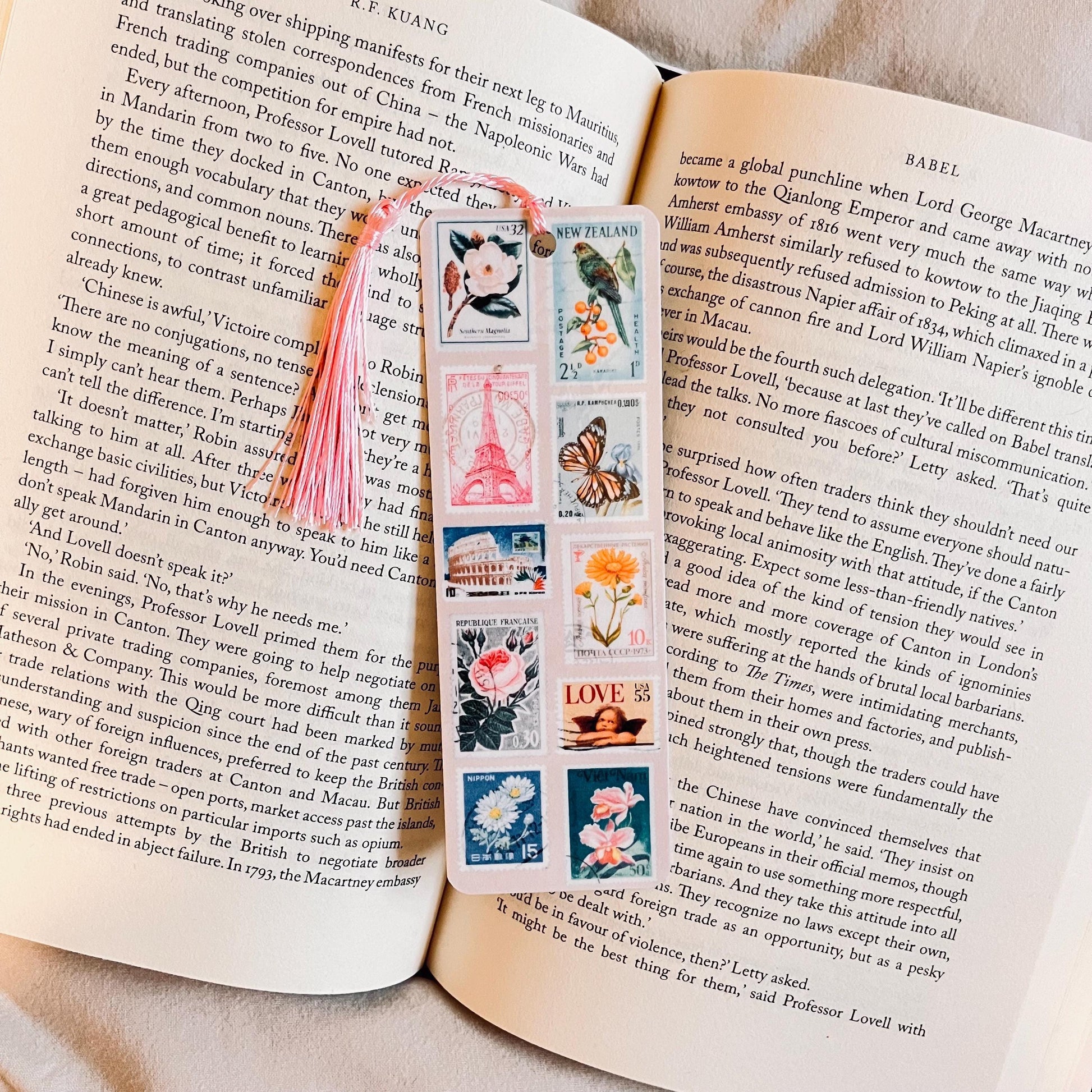 Travel Postage Stamp Bookmark: Laminated Cardstock, Custom Tassel Colors bookmark by Magic & Meaning