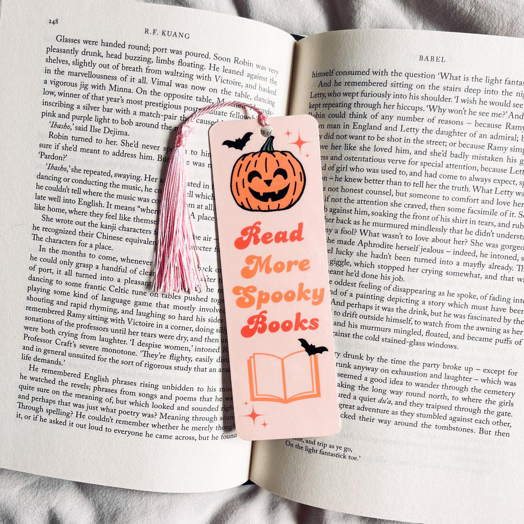 Halloween Bookmark Pumpkin Ghost Bats (Laminated, Durable Cardstock) bookmark by Magic & Meaning