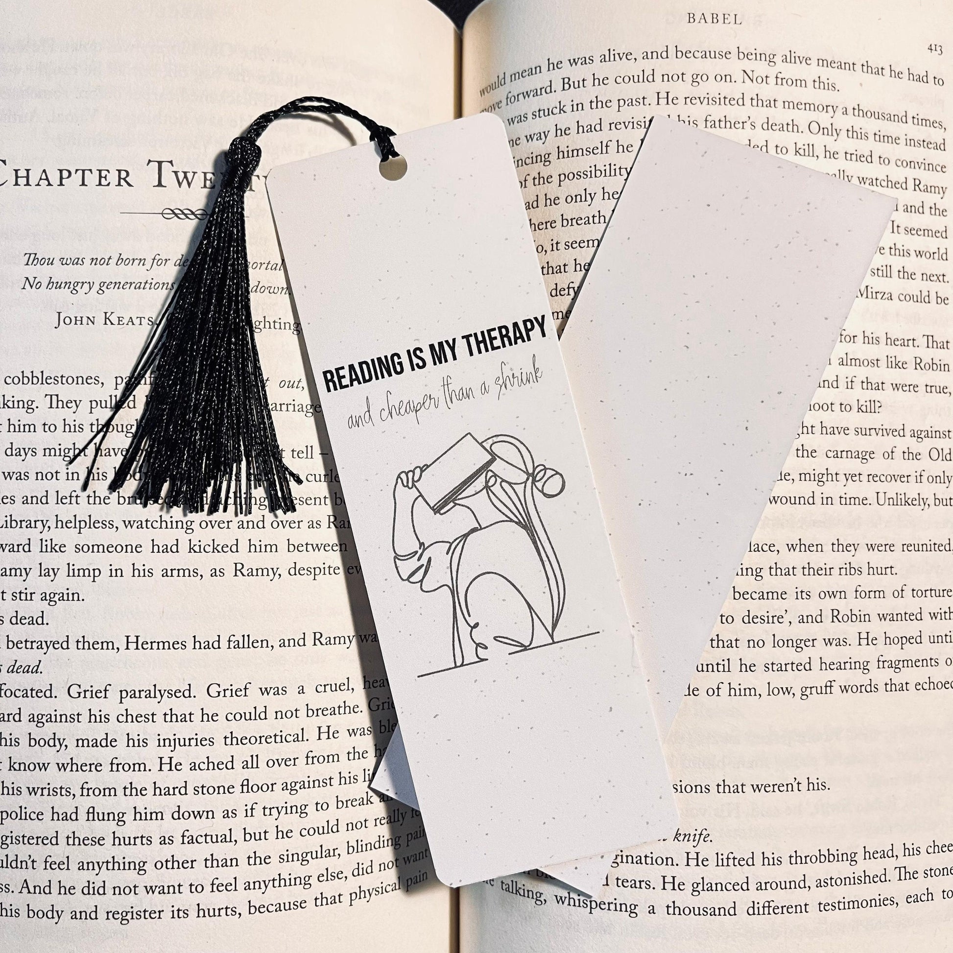 Book Lover Gift Bookmark: Reading Is My Therapy - Funny One Line Art bookmark by Magic & Meaning