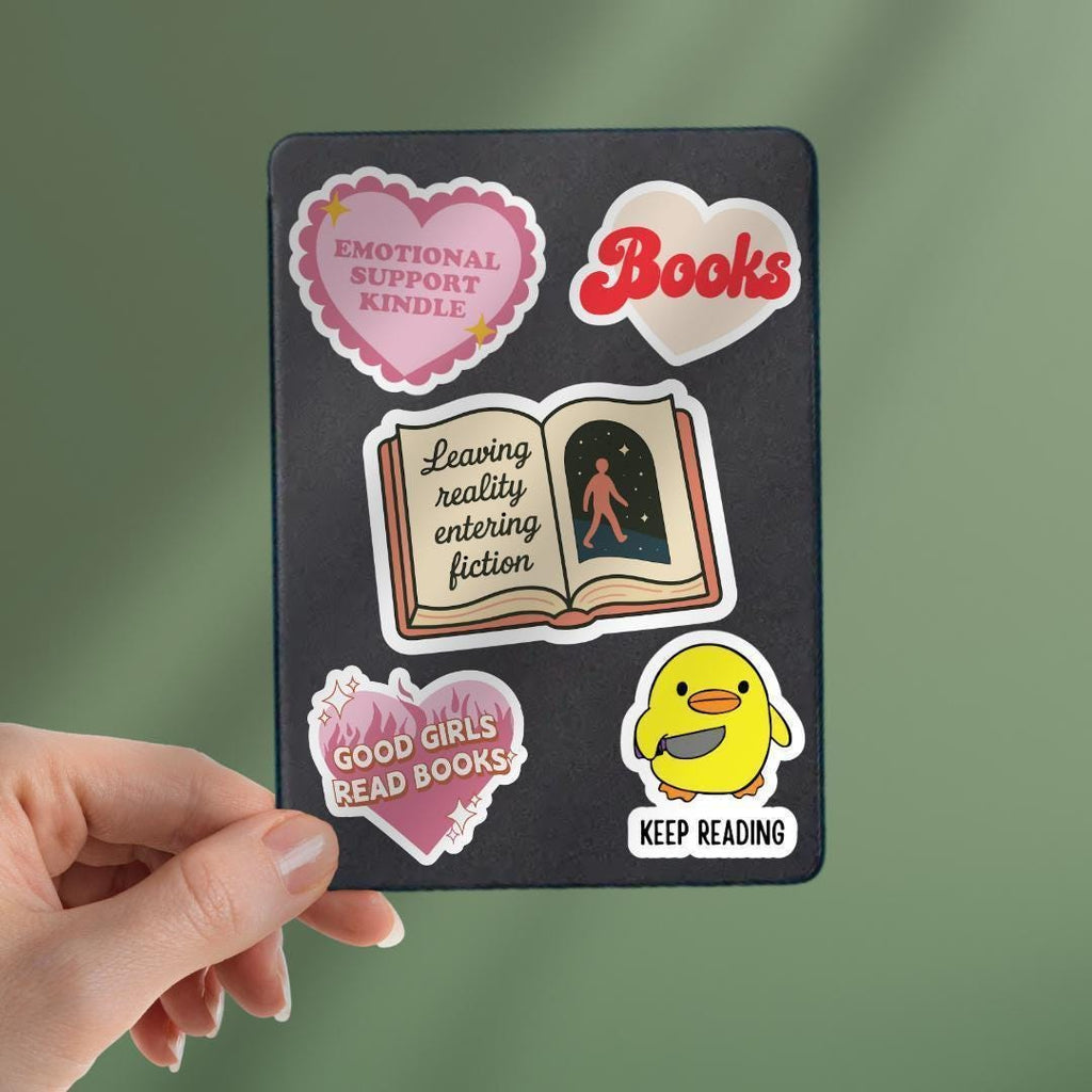 Leaving Reality Entering Fiction Kindle Sticker: Book Lover Laptop Decal sticker by Magic & Meaning