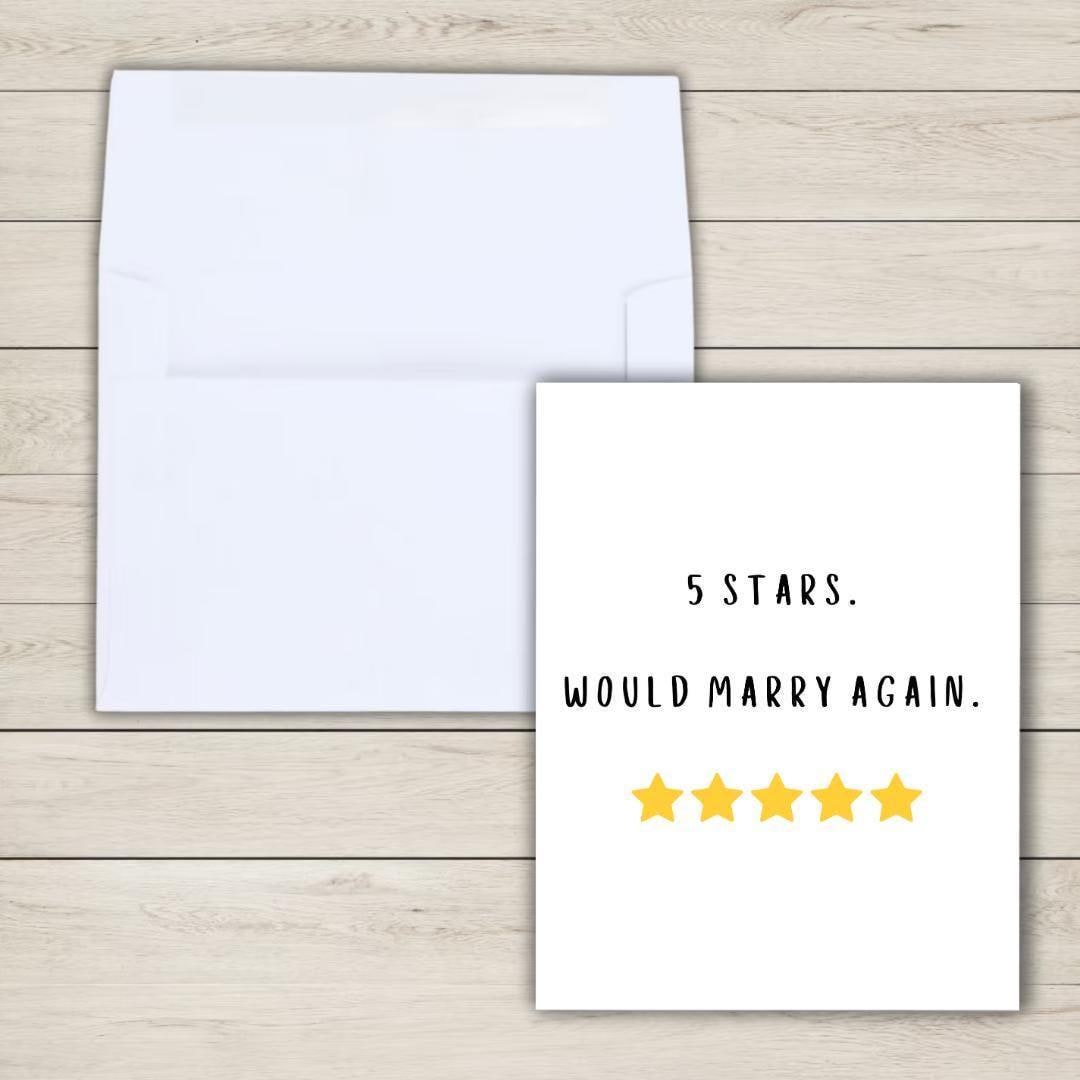 5 Stars Would Marry Again Anniversary Card - rude and funny anniversary card by Northern Wind Creative