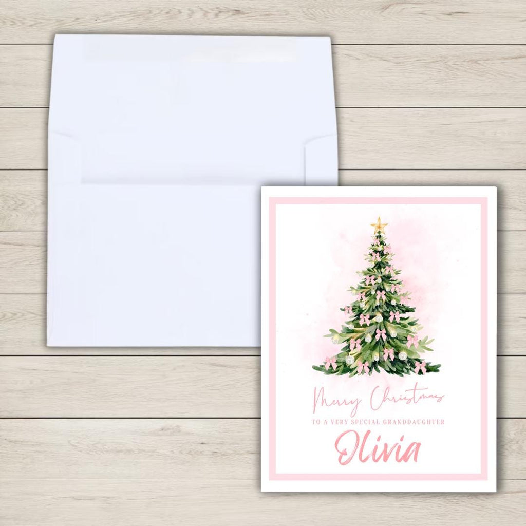 Personalized Granddaughter Christmas Card: Pink Tree Design - funny Christmas card by Northern Wind Creative