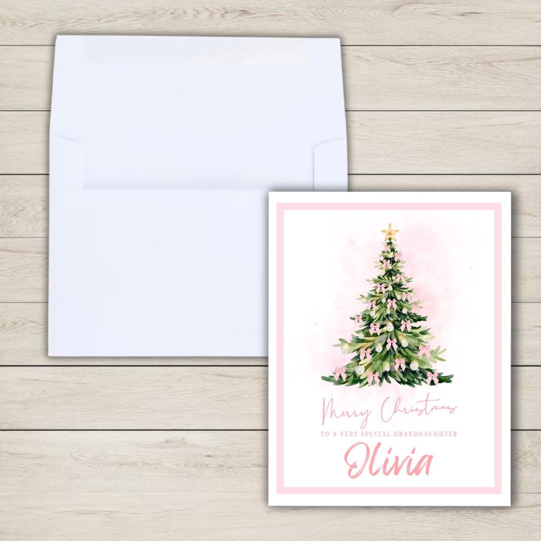 Personalized Granddaughter Christmas Card: Pink Tree Design - funny Christmas card by Northern Wind Creative