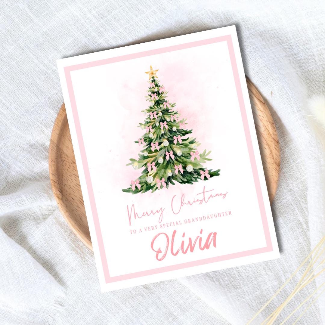 Personalized Granddaughter Christmas Card: Pink Tree Design - funny Christmas card by Northern Wind Creative