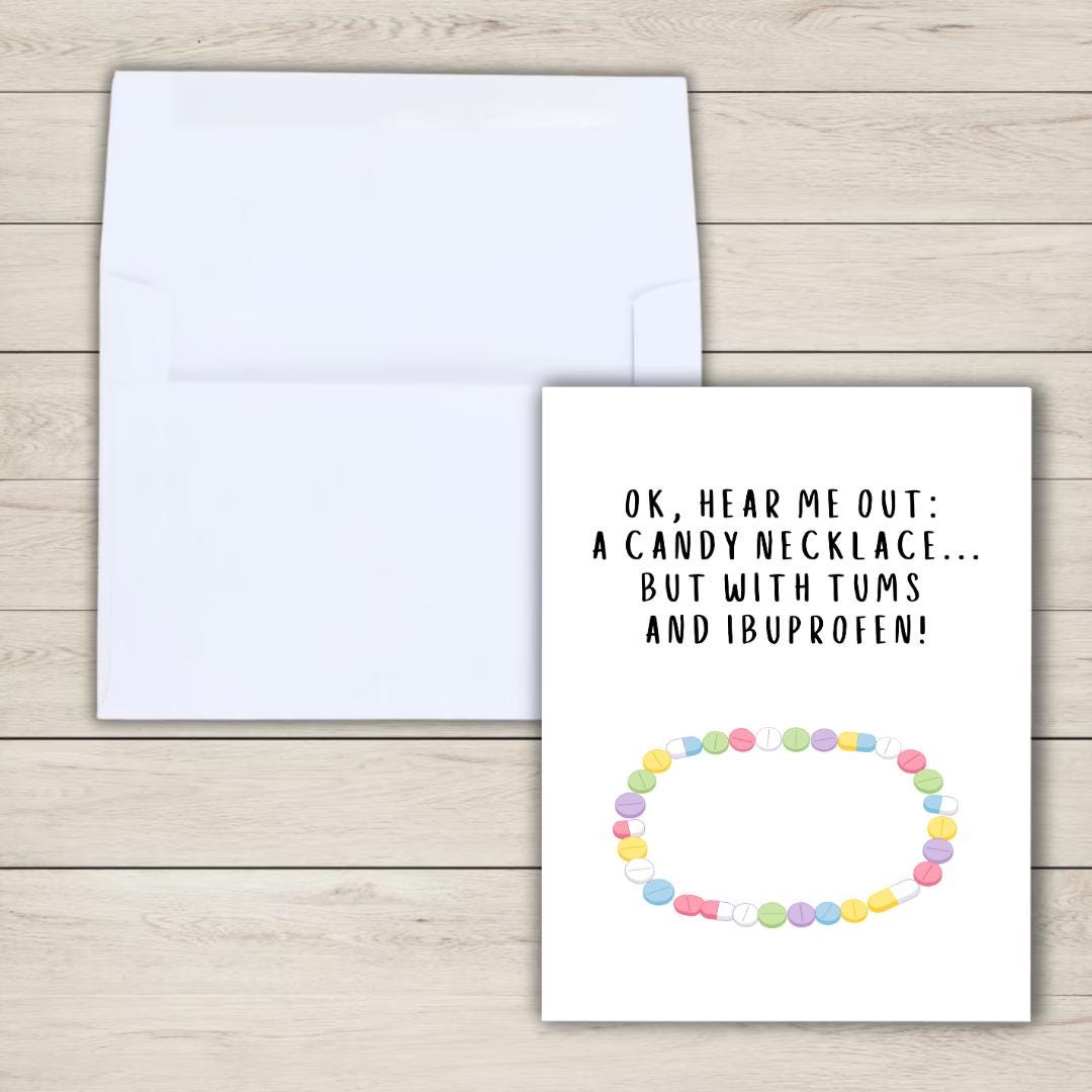 Candy Necklace but with Tums and Ibuprofen Funny Birthday Card for Him - rude and funny Father’s Day card by Northern Wind Creative